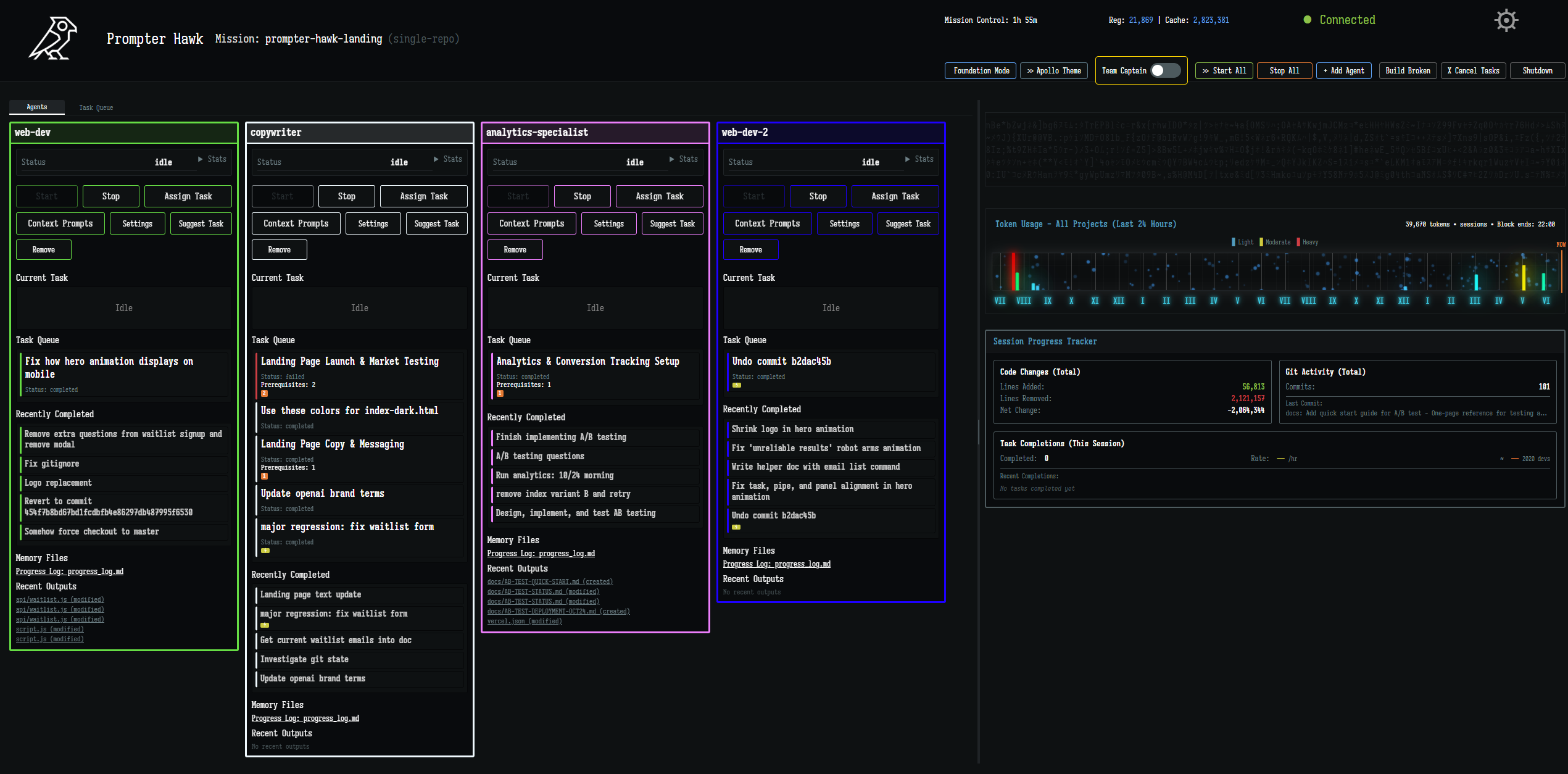 Prompter Hawk Mission Control Interface showing multiple AI agents working in parallel
