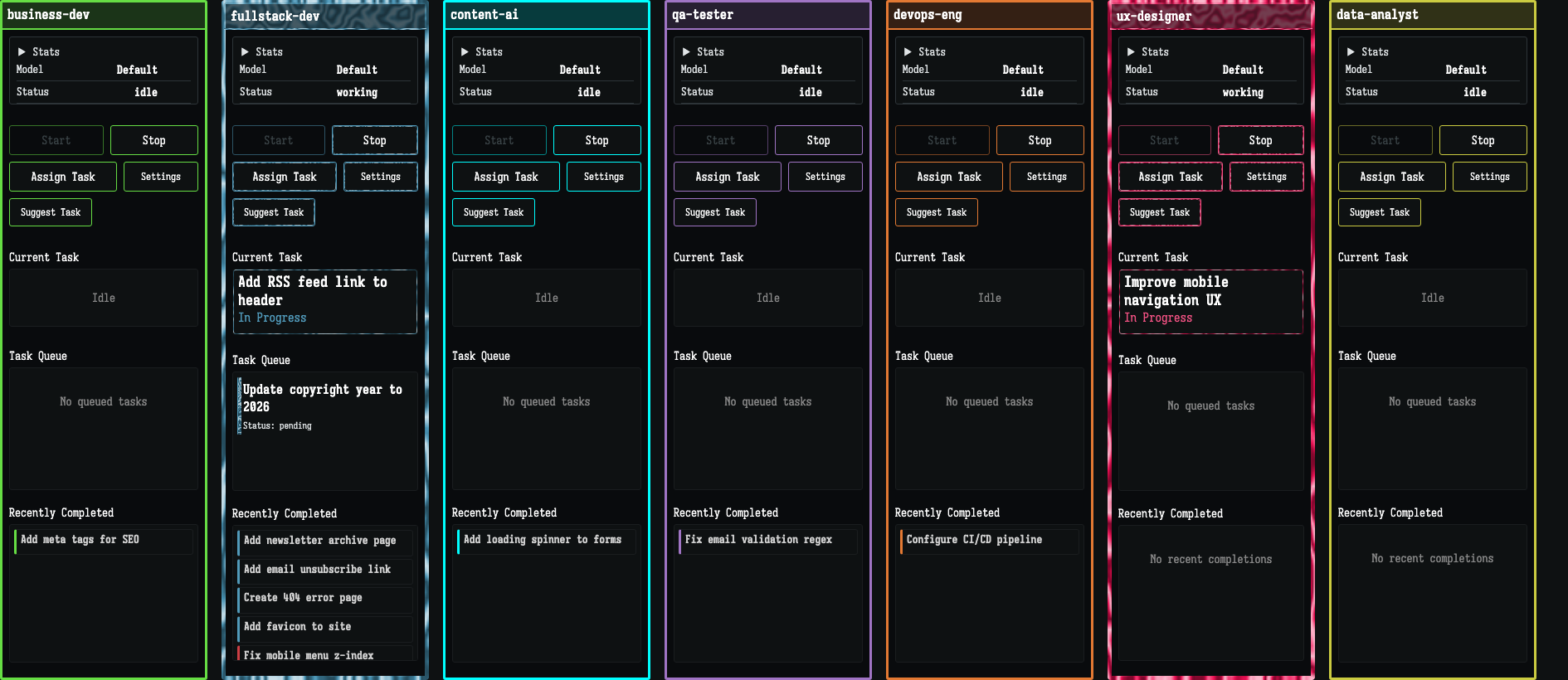 Multiple agent panels showing parallel work streams