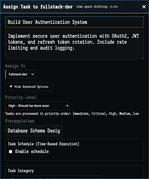 Task assignment interface with advanced options