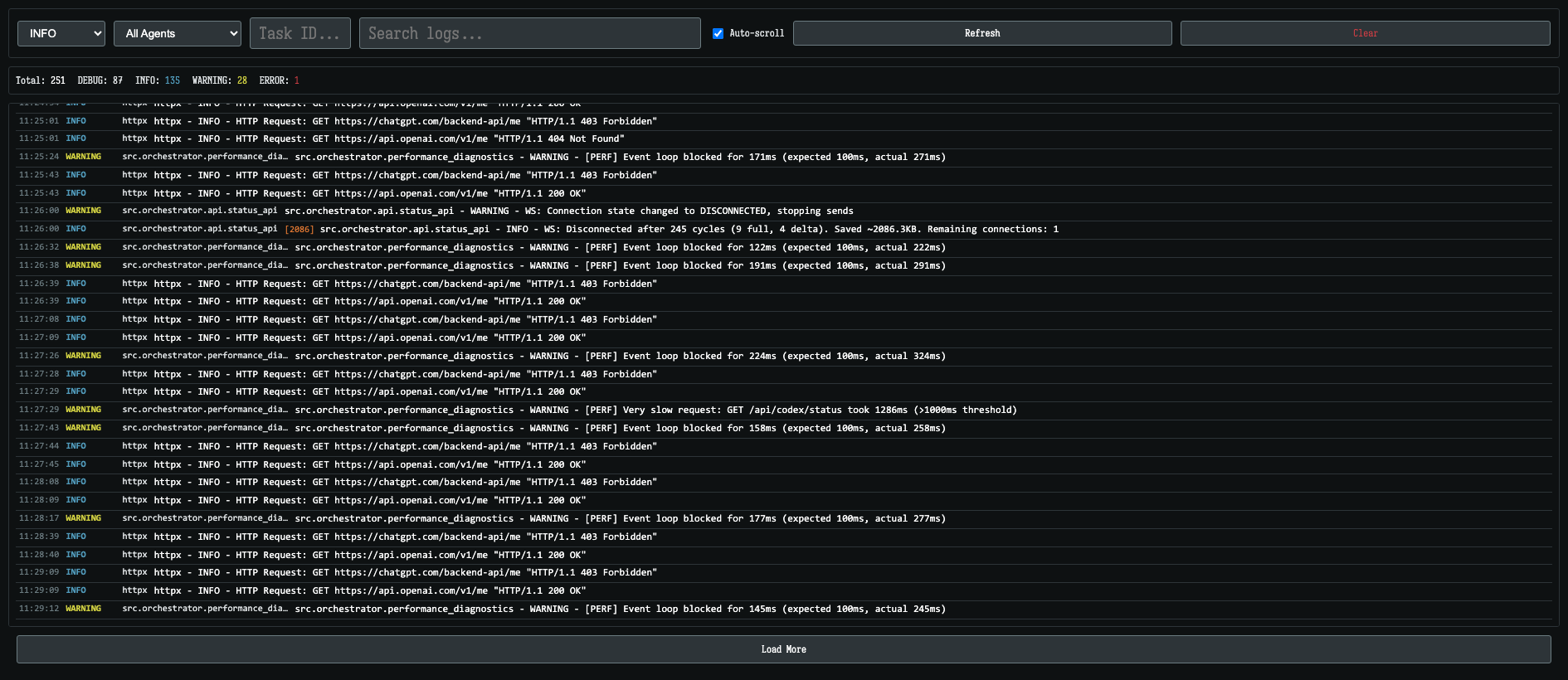 Logs panel showing detailed event history