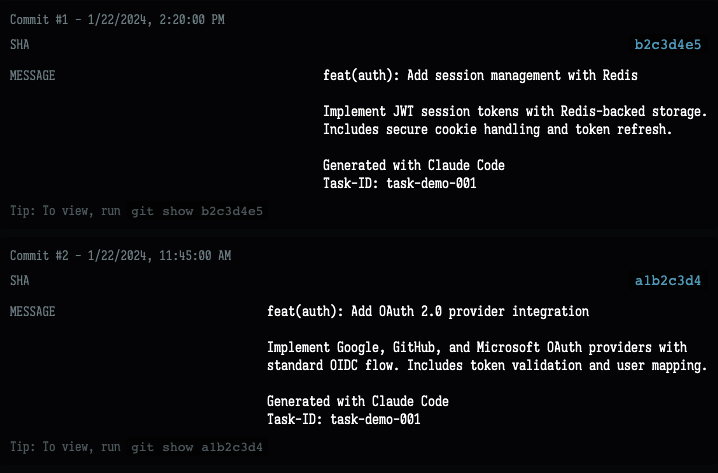 Task detail git commits tab showing commit history